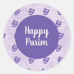 Sticker Rond Happy Purim - Purple heureux amusant motif de masq