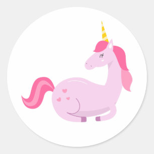 Sticker Rond Happy Purple Pastel Unicorn, Coeurs et cheveux ros