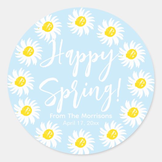 Sticker Rond Happy Spring pâle marguerites bleu cadre script pe (Devant)
