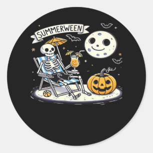 Sticker Rond Happy Summerween Skeleton Drink été Halloween C