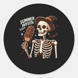 Sticker Rond Happy Summerween Vibes Skeleton IceCream Summer Ha