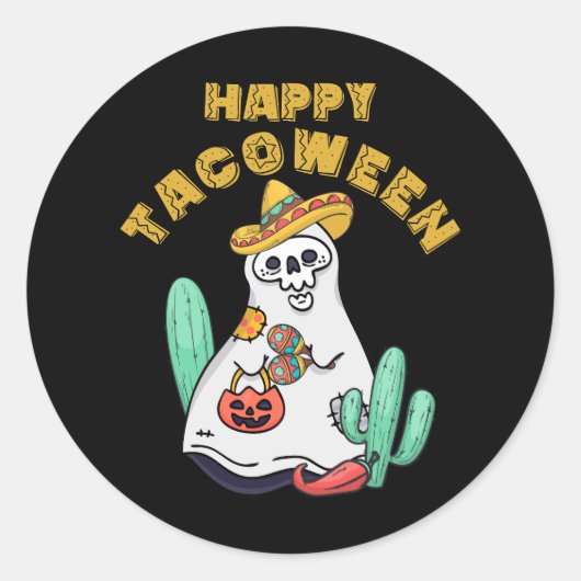 Sticker Rond Happy Tacoween Ghost Taco Mexicain Cinco Halloween (Devant)