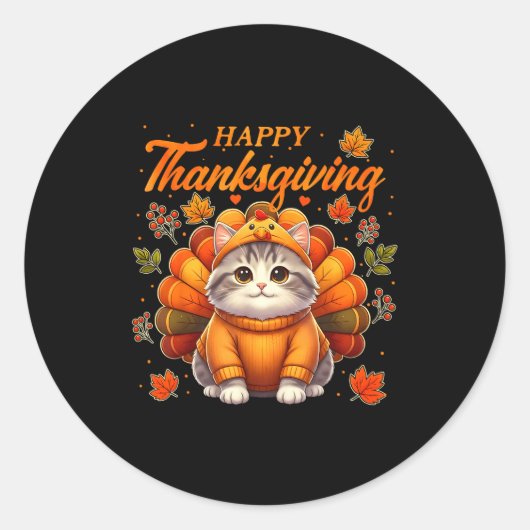 Sticker Rond Happy Thanksgiving Cat Turkey Day Autumn Fall Men  (Devant)