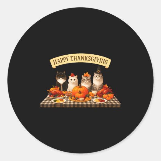 Sticker Rond Happy Thanksgiving Cats Dinner Feast Fall Men Wome (Devant)