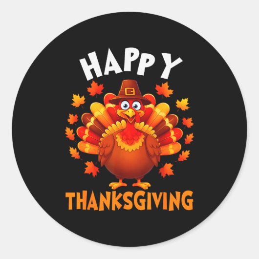 Sticker Rond Happy Thanksgiving Funny Turkey Family Dinner Than (Devant)