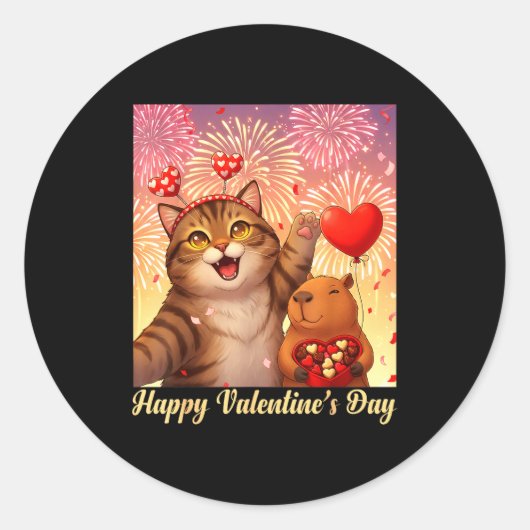 Sticker Rond Happy Valentines 2026 Cute Cat Capybara Party Art  (Devant)