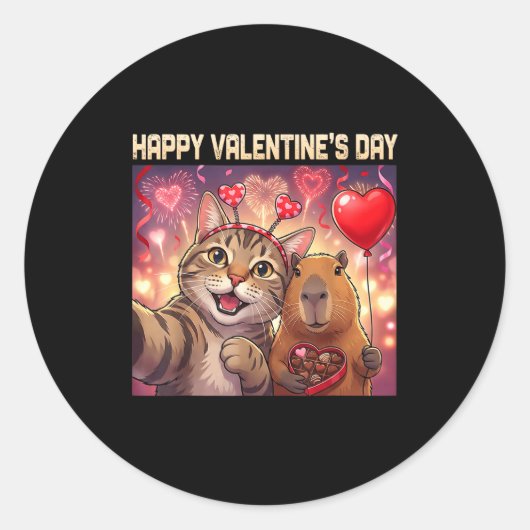 Sticker Rond Happy Valentines 2026 Cute Cat Capybara Party Art  (Devant)