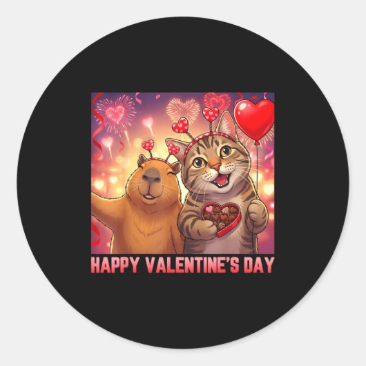 Sticker Rond Happy Valentines 2026 Cute Cat Capybara Party Art  (Devant)