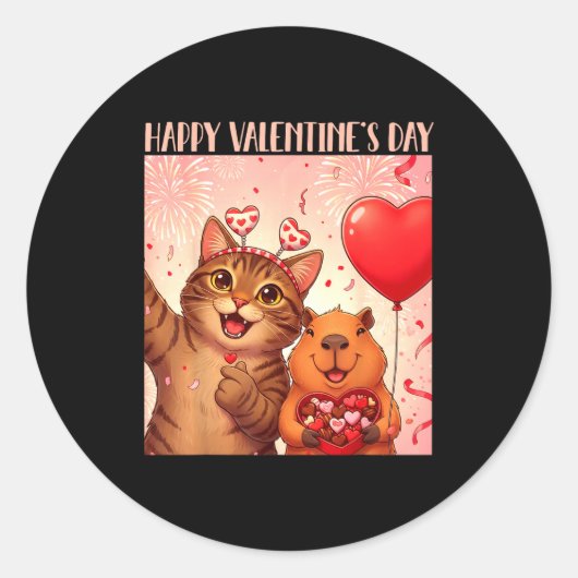 Sticker Rond Happy Valentines 2026 Cute Cat Capybara Party Art  (Devant)