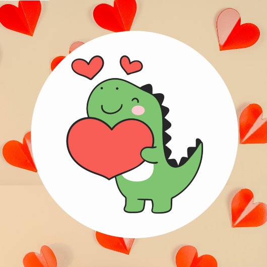 Sticker Rond Happy Valentines Day Cute Dinosaur Red Heart
