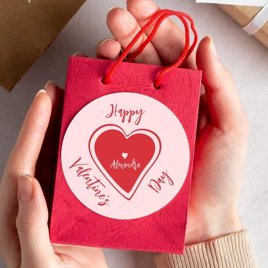 Sticker Rond Happy Valentines Day red pink heart script name