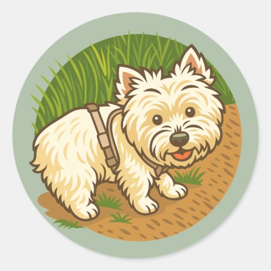 Sticker Rond Happy Westie on Nature Trail (Devant)