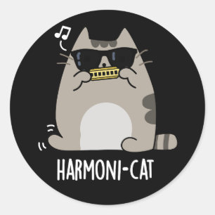 Sticker Rond Harmoni cat Funny Harmonica Cat Pun Dark BG