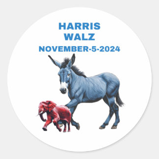 Sticker Rond Harris/Walz, vote bleu, âne, éléphant, élections
