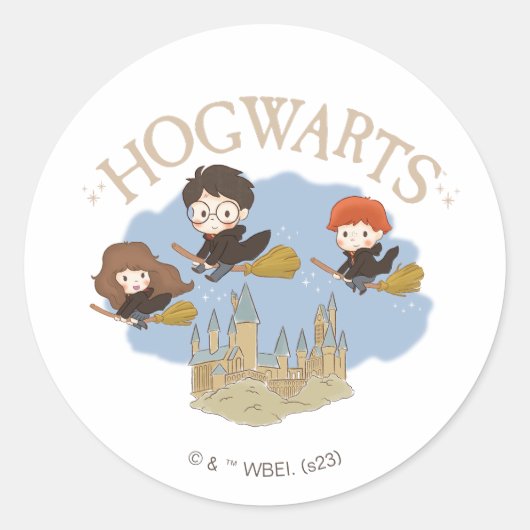 Sticker Rond HARRY POTTER™, Hermione, & Ron survolent HOGWARTS™ (Devant)