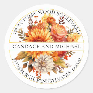 Sticker Rond Harvest Gold Orange Floral Bouquet Adresse de reto