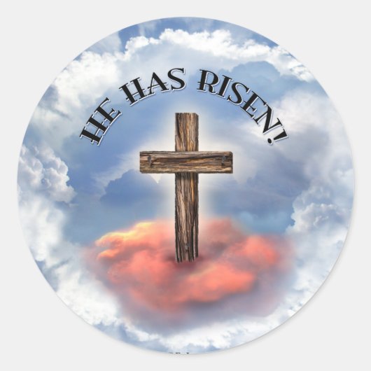 Sticker Rond Has Risen Rugged Cross With Clouds (Devant)