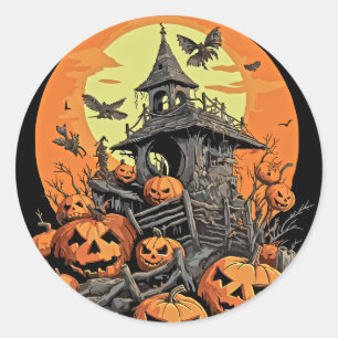 Sticker Rond Haunted House Halloween Citrouille Patch
