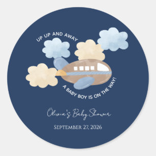 Sticker Rond Haut Haut et Loin Aquarelle Avion Garçon Baby Show