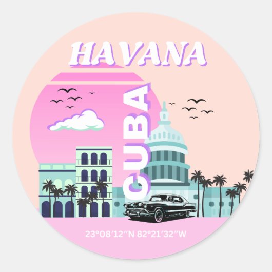 Sticker Rond Havana Cuba Pink Travel Art (Devant)