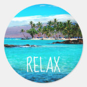 Sticker Rond Hawaii Blue Ocean Green Palm Trees Beach Relax (Devant)