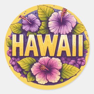 Sticker Rond Hawaii Hibiscus Art Hawaiian Vacances Tropical