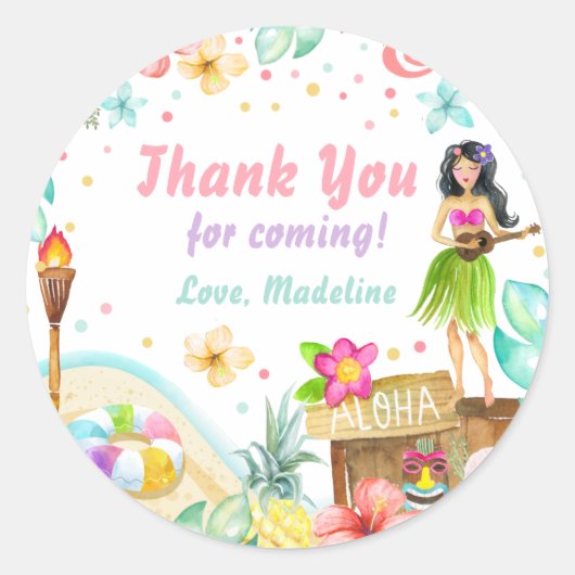 Sticker Rond Hawaiian Luau Anniversaire Tropical Pool Party Pas (Devant)