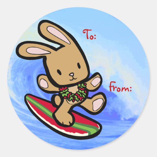 Sticker Rond Hawaiian Surfing Bunny Cartoon de vacances (Devant)