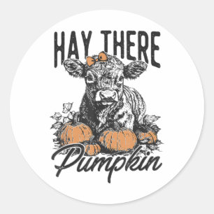 Sticker Rond Hay There Citrouille Cute Cow Farm Automne Vache A