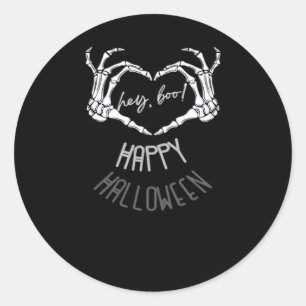 Sticker Rond Hé, Boo ! Happy Halloween Skeleton Hand Heart Clas