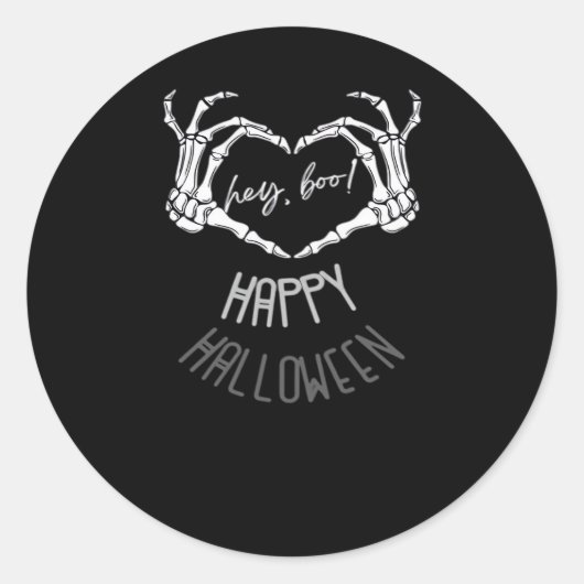 Sticker Rond Hé, Boo ! Happy Halloween Skeleton Hand Heart Clas (Devant)