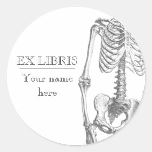 Sticker Rond Hé ex-libris squelettique vintage de fille