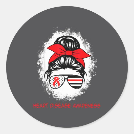 Sticker Rond Heart Disease Awareness Red Ribbon Heart Messy Bun (Devant)