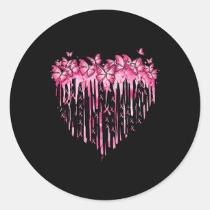Sticker Rond Heart Pink Ribbon Butterflies Breast Cancer