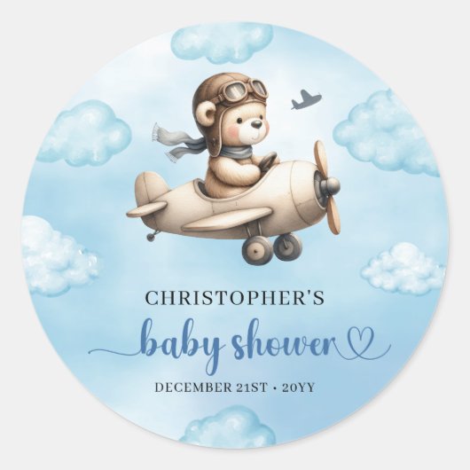 Sticker Rond Heartwarming Boy Shower Bear Pilot Cute Label (Devant)