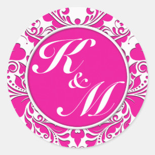 Sticker Rond HeartyParty Pink Magenta Et White Damask Coeur