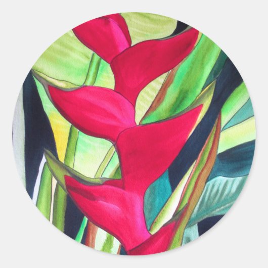 Sticker Rond Heliconia Lobster Claw fleur d'aquarelle tropicale (Devant)
