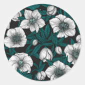 Sticker Rond Hellebores blancs avec feuilles bleus (Devant)