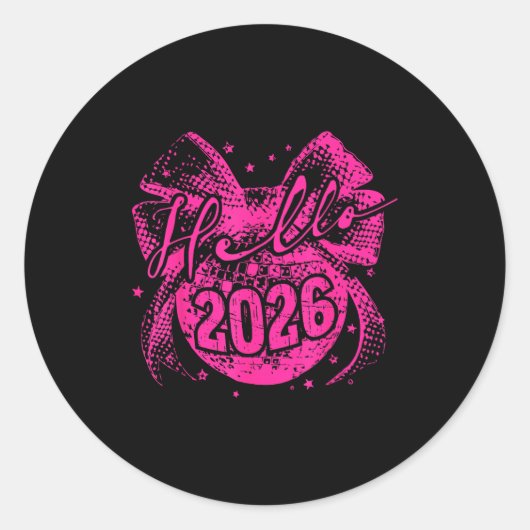 Sticker Rond Hello 2026 Disco Ball Coquette Bow Happy New Year  (Devant)
