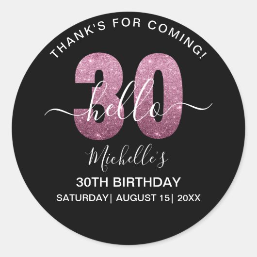 Sticker Rond Hello 30! Modern 30th birthday Pink glitter (Devant)