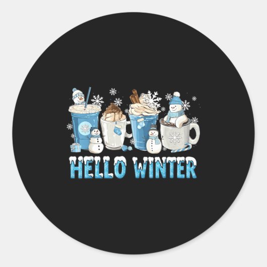 Sticker Rond Hello Winter Sweet Cozy Coffee Lovers Snowman Chri (Devant)