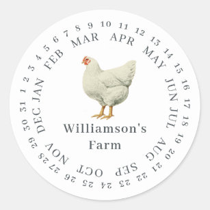 Sticker Rond Hen de ferme vintage Date encerclée Oeuf blanc Car