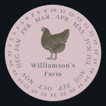 Sticker Rond Hen vintage Ferme Encerclée Date Oeuf Carton pourp<br><div class="desc">Des étiquettes rustiques et simples en carton d'oeufs de poule avec votre nom d'entreprise dans la typographie moderne hors-noir sur un arrière - plan pastel violet dispose d'un design imprimé à la poule vintage. Ajoutez simplement votre nom d'homestead au étiquette et encerclez la date correcte de vos oeufs frais de...</div>