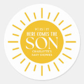 Sticker Rond Here Comes The Son Boy Baby Shower (Devant)