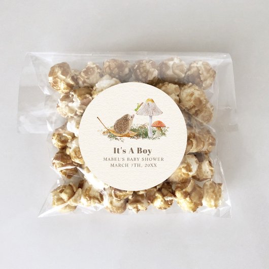 Sticker Rond Hérisson Baby shower boisé de champignons de la pr