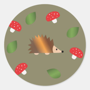 Sticker Rond Hérisson Champignons et Feuilles