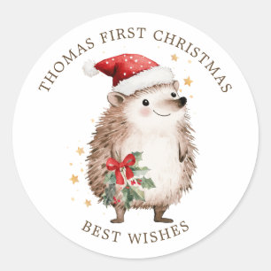 Sticker Rond Hérisson Chapeau de Père Noël Bébé 1er Noël