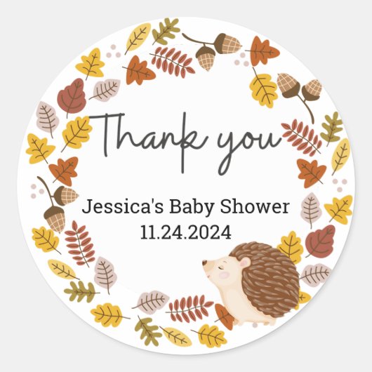Sticker Rond Hérisson d'automne Baby shower Merci (Devant)