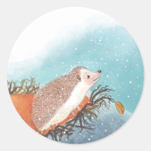 Sticker Rond Hérisson et premiers flocons de neige (Devant)