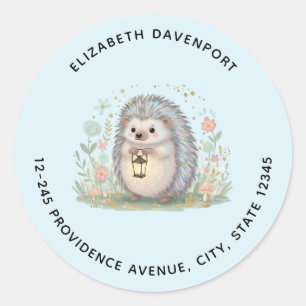 Sticker Rond Hérisson Mignon avec Adresse de Fond Bleu Lanterne